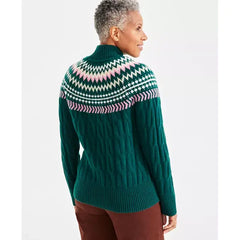 Women's Fair Isle Mockneck Cable-Knit Sweater, Created for Macy's-Emerlad