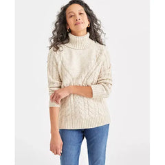 Women's Lurex Cable-Knit Turtleneck Sweater, Created for Macy's-Eggnog