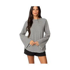 Macy's Women's Stripey Oversized Bell Sleeve Top-Gray melangi