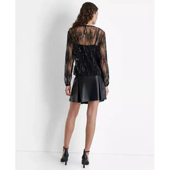 Macy's Women's Crewneck Sequin-Tulle Long-Sleeve Top-Black