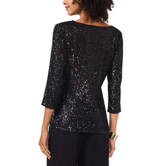 Macy's Women's Sequined Cowlneck 3/4-Sleeve Top-Rich black