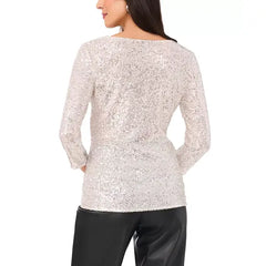 Macy's Women's Sequined Cowlneck 3/4-Sleeve Top-Champagne Silver