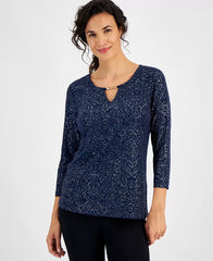 Women's Glitter Jacquard 3/4-Sleeve Top, Created for Macy's-Intrepid Blue Combo