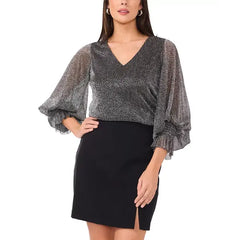 Macy's Women's Metallic V-Neck Sheer-Sleeve Top-Rich black