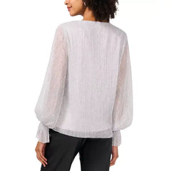 Macy's Women's Metallic V-Neck Sheer-Sleeve Top-Silver