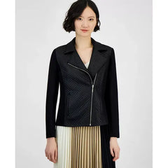 Anne Klein Womens Mixed Media Asymmetric Zip Jacket, Stylish and Versatile, Anne Black