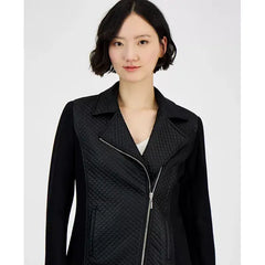 Anne Klein Womens Mixed Media Asymmetric Zip Jacket, Stylish and Versatile, Anne Black