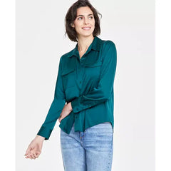 Women's Button-Front Long-Sleeve Utility Shirt, Created for Macy's-Dark fores