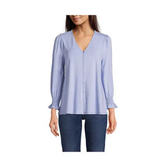 Macy's Women's 3/4 Sleeve Lightweight Jersey Button Front Top-light cornflower
