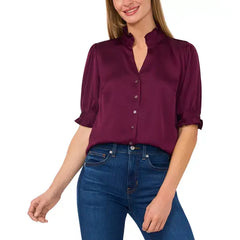 MACY'S Women's Puff-Sleeve Button-Front Blouse-Pickled beet