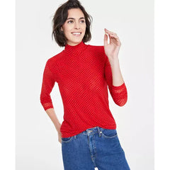 Women's Patterned Mock-Neck Mesh Top, Created for Macy's-Fairy red