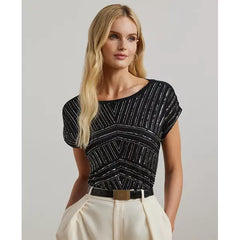 Macy's Women's Beaded Cotton Jersey Tee-Black