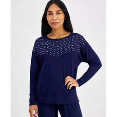 Anne Klein Petite Embellished Boat Neck Sweater, Elegant and Cozy Knit Top, Midnight