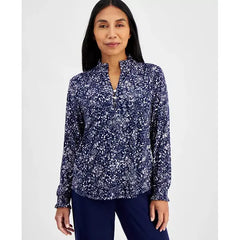 Anne Klein Petite Printed Smocked Cuff Blouse, Stylish and Feminine Top, Midnight Multi , Size P/XXS