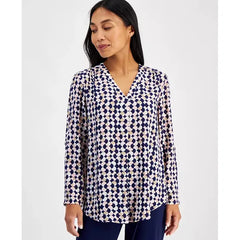 Anne Klein Petite Printed Roll Tab V Neck Tunic, Stylish and Comfortable Top ,Pink Blush Multi