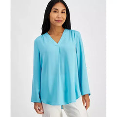 Anne Klein Petite Pleat Front V Neck Roll Tab Tunic, Stylish and Comfortable Blouse for Women