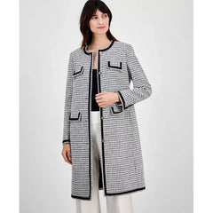 Anne Klein Womens Tweed Collarless Long Jacket, Elegant and Timeless Outerwear,Anne White/anne Black
