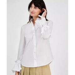 Anne Klein Womens Ruffle Bow Cuff Shirt, Elegant and Feminine Blouse, Bright White