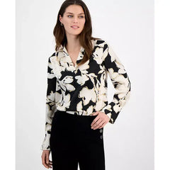 Anne Klein Womens Floral Print V Neck, Cuffed Blouse Chic Elegant Top