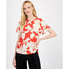 Anne Klein Womens Printed Short Sleeve Blouse, Comfortable and Chic Top, Poppy Multi, Size XXS