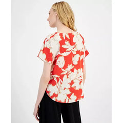 Anne Klein Womens Printed Short Sleeve Blouse, Comfortable and Chic Top, Poppy Multi, Size XXS