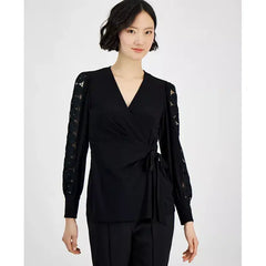 Anne Klein Womens Faux Wrap Blouson Sleeve Blouse, Elegant and Flattering Top, Anne Black, Size XXS
