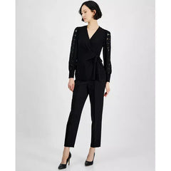 Anne Klein Womens Faux Wrap Blouson Sleeve Blouse, Elegant and Flattering Top, Anne Black, Size XXS