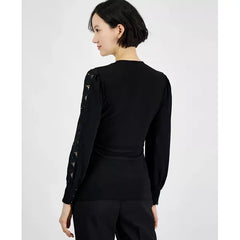 Anne Klein Womens Faux Wrap Blouson Sleeve Blouse, Elegant and Flattering Top, Anne Black, Size XXS