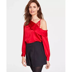 Women's Lace-Shoulder Long-Sleeve Blouse, Created for Macy's-Red Zenith