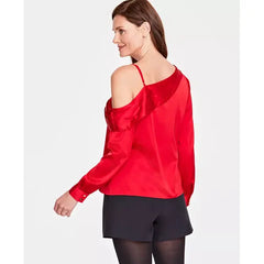 Women's Lace-Shoulder Long-Sleeve Blouse, Created for Macy's-Red Zenith