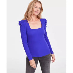Women's Puff-Sleeve Square-Neck Ribbed Top, Created for Macy's-Deep laris