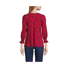 Macy's Women's 3/4 Sleeve Lightweight Jersey Button Front Top-Heritage red painted flower