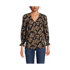 Macy's Women's 3/4 Sleeve Lightweight Jersey Button Front Top-Honey beige painted flower