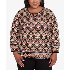 Alfred Dunner Plus Size Rue Rivoli Medallion Beaded Split Neck Sweater, Neutral Multi, Size 1X