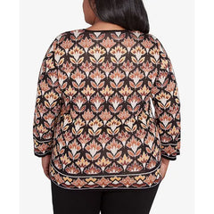 Alfred Dunner Plus Size Rue Rivoli Medallion Beaded Split Neck Sweater, Neutral Multi, Size 1X