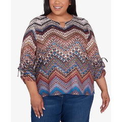 Alfred Dunner Plus Size Harvest Moon Textured Chevron Ruched Sleeve Top, Neutral Multi