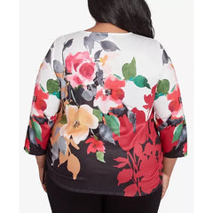 Alfred Dunner Plus Size Runway Ready Floral Crew Neck Top with Drawstring Hem, Multi Black