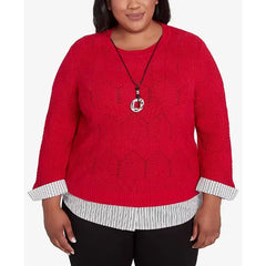 Alfred Dunner Plus Size Runway Ready Woven Chevron Sweater with Necklace, Red