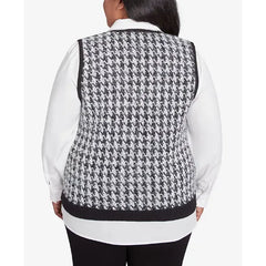 Alfred Dunner Plus Size Runway Ready Houndstooth Two in One Collared Sweater, Multi Black