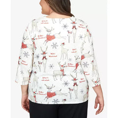 Alfred Dunner Plus Size Classic Deer Split Neck Top, Neutral Multi
