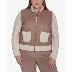 Alfred Dunner Plus Size Telluride Sweater Trim Quilted Jacket, Fawn