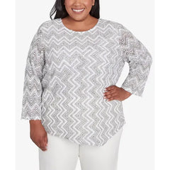 Alfred Dunner Plus Size Copenhagen Spliced Crew Neck Wavy Stripe Top, Grey Multi