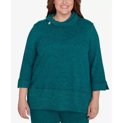 Alfred Dunner Plus Size French Quarter Spliced Ribbed Cowl Neck Solid Top, Jade, Size 3X
