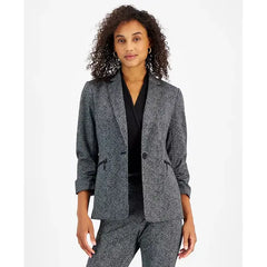 Women's Printed Ruched-Sleeve One-Button Blazer, Regular & Petite Sizes,Created by Macy's-Black Multi