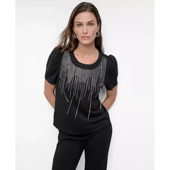 Macy's Women's Crewneck Embellished-Fringe Short-Sleeve Top-Black