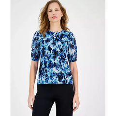 Anne Klein Womens Printed Jewel Neck Ruched Sleeve Top, Elegant and Stylish Blouse ,Vibrant Cobalt Multi, Size XXS