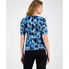 Anne Klein Womens Printed Jewel Neck Ruched Sleeve Top, Elegant and Stylish Blouse ,Vibrant Cobalt Multi, Size XXS