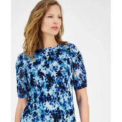 Anne Klein Womens Printed Jewel Neck Ruched Sleeve Top, Elegant and Stylish Blouse ,Vibrant Cobalt Multi, Size XXS
