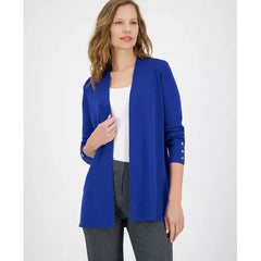 Anne Klein Womens Carmel Open Front Buttoned Cuff Cardigan, Elegant Lightweight Layering Piece