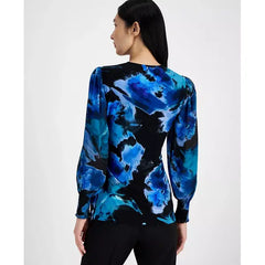 Anne Klein Womens Floral Print Smocked Wrap Top, Elegant Feminine Blouse for Day or Night